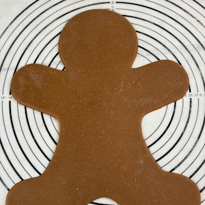 May include: A brown gingerbread cookie in the shape of a gingerbread man on a white baking mat with black concentric circles.