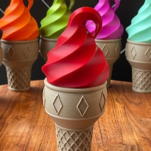 May include: Five ice cream cones with different colored ice cream. The cones are all brown and have a waffle pattern. The ice cream is red, green, orange, purple, and blue.