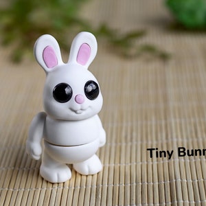 May include: A white ceramic bunny figurine with pink ears and large black eyes. The bunny is standing on a woven bamboo mat. The text "Tiny Bunny" is written below the bunny.