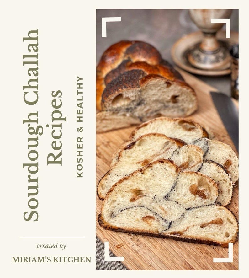 May include: A close-up of a braided sourdough challah loaf with poppy seeds, sliced on a wooden cutting board. The text "Sourdough Challah Recipes" and "Kosher & Healthy" is visible on the left side of the image. The text "created by MIRIAM'S KITCHEN" is visible at the bottom of the image.