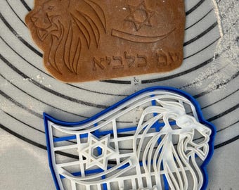 May include: A cookie cutter and a cookie in the shape of a flag with a lion's head, a Star of David, and Hebrew text. The cookie cutter is blue and white, while the cookie is brown.