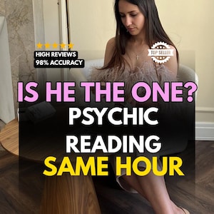 Op de afbeelding: Afbeelding met tekst: "IS HE THE ONE? PSYCHIC READING SAME HOUR." Extra tekst bevat "HIGH REVIEWS 98% ACCURACY" en "TOP SELLER." Op de achtergrond is een vrouw te zien.