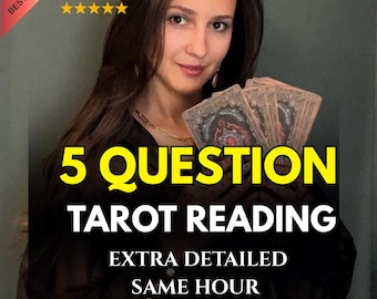 May include: A woman holding tarot cards, with text overlay: "5 QUESTION TAROT READING EXTRA DETAILED SAME HOUR." The image includes "BEST SELLER" and "HIGH REVIEWS" badges.