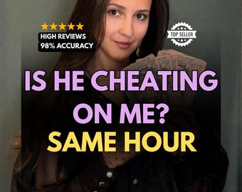 Può includere: Immagine di una donna che tiene delle carte, con testo: "IS HE CHEATING ON ME? SAME HOUR." Include badge "HIGH REVIEWS" e "TOP SELLER", con 98% di accuratezza.