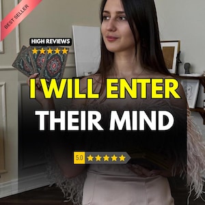 May include: A person holds tarot cards with detailed patterns. The image displays the text "I WILL ENTER THEIR MIND" in yellow and white. There is a "BEST SELLER" banner and a "HIGH REVIEWS" label. A rating of 5.0 stars is also shown.
