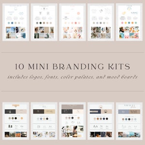 Puede incluir: Diez kits de marca mini para empresas. Cada kit incluye un logotipo, fuentes, paletas de colores y tableros de estado de ánimo. Los kits presentan una variedad de estilos, que incluyen minimalista, moderno y bohemio.