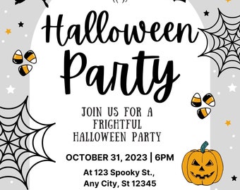 May include: Halloween party invitation with a gray background and Halloween-themed illustrations. The invitation includes a witch, bats, spiderwebs, pumpkins, and candy corn. The text reads "Halloween Party" and provides event details.