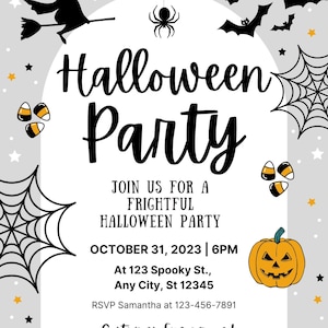 May include: Halloween party invitation with a gray background and Halloween-themed illustrations. The invitation includes a witch, bats, spiderwebs, pumpkins, and candy corn. The text reads "Halloween Party" and provides event details.