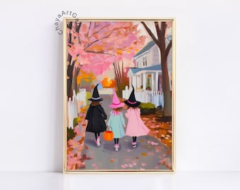May include: A framed print depicts three children in witch costumes walking down a path lined with pink-leafed trees. One child carries an orange pumpkin bucket. The artwork has a gold frame and a white picket fence.