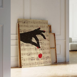 Retro Classical Sheet Music Red Nails Aelicately Holds A Red Cherry Wall Art, Digital Download Printable, Trendy Aesthetic Decor