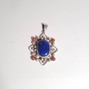 Sterling Silver Pendant with Lapis and Coral Gemstones | Vintage-styled