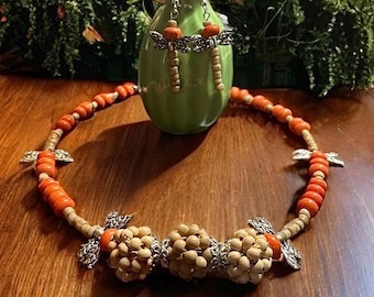 Dragonfly Necklace and Earrings Set – Wood Bead Jewelry, Nature Inspired