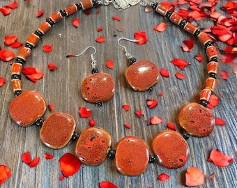 Six Sense Necklace and Earrings Set – Unique Ceramic Bead Design – Artisan Statement Jewelry