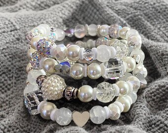 White Frosted Crystal Beaded Bracelet, Memory Wire Jewelry