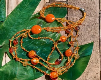 Bird of Paradise Necklace – Orange Lariat Beaded Glass Jewelry – Tropical Boho Statement Necklace