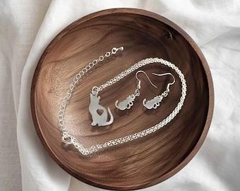 Conjunto de collar y pendientes de gato – Joyería felina de plata
