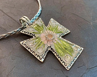 Silver Cross Necklace with Real Dried Flowers – Resin Botanical Pendant