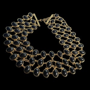 Black Agate Statement Necklace: Gold Tone Multi-Strand Bib Necklace