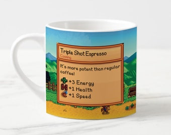 Stardew Valley Espresso Cup | Triple Shot Item Card | Pixel Art Mug | Personalised Farm Name | Custom Gaming Gift Idea