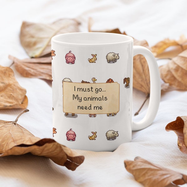 Stardew Valley Game Mug | Pixel Art Sprite Pattern | Cosy Gaming | Gamer Gift Idea 11oz / 15oz | I Must Go... | My animals need me