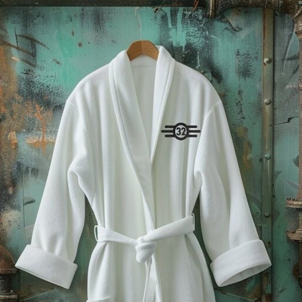 Fallout Inspired Embroidered Logo Bathrobe | Custom Vault-Tec Number | White or Blue | Knight Titus | Maximus | Video Game Gift