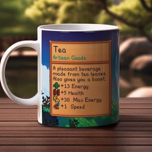 Caneca de chá Stardew Valley | Presente de jogo | Cena de videogame SDV | Tela de carregamento | Cartão de item | Alças coloridas