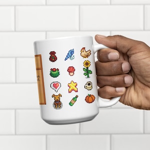 Witte mok Stardew Valley Tea | Kaart met ambachtelijke goederen | Pictogrammenpatroon | Gamingcadeau