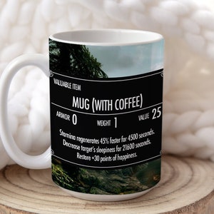 Skyrim Mug With Coffee | Elder Scrolls | Stats Card | Video Game Scene | FULLY CUSTOMISABLE | Gaming Gift Idea | 15oz Ceramic