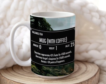 Skyrim Mug With Coffee | Elder Scrolls | Stats Card | Video Game Scene | FULLY CUSTOMISABLE | Gaming Gift Idea | 15oz Ceramic