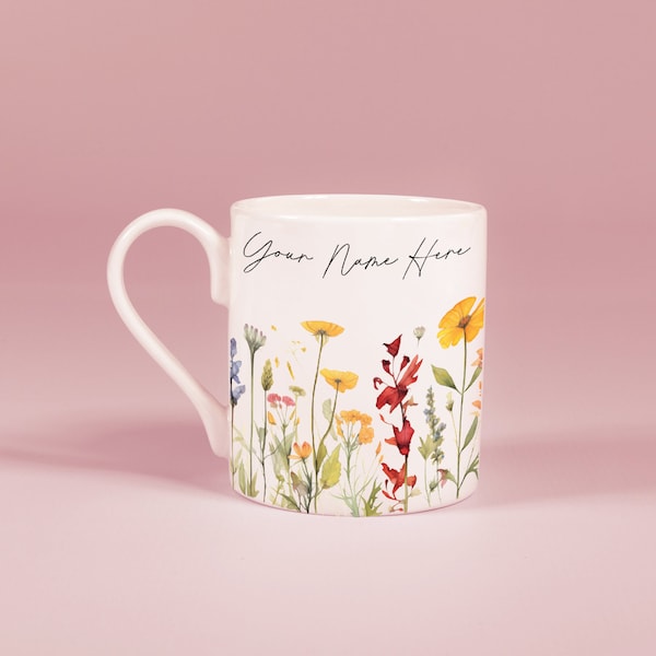 Wildflower Meadow Bone China Mug | Watercolour Botanicals Design | Pretty Gift Idea for Mom / Mum / Mother | Personalised | Set Available