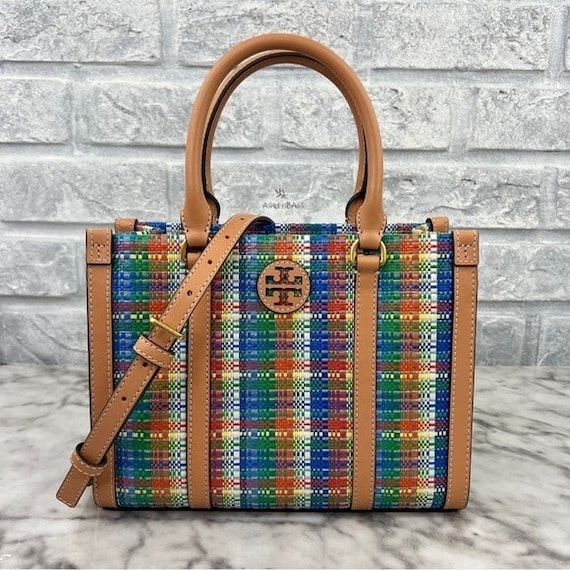 Tory Burch Blake Small Plaid Tote in Tory Navy Multi 