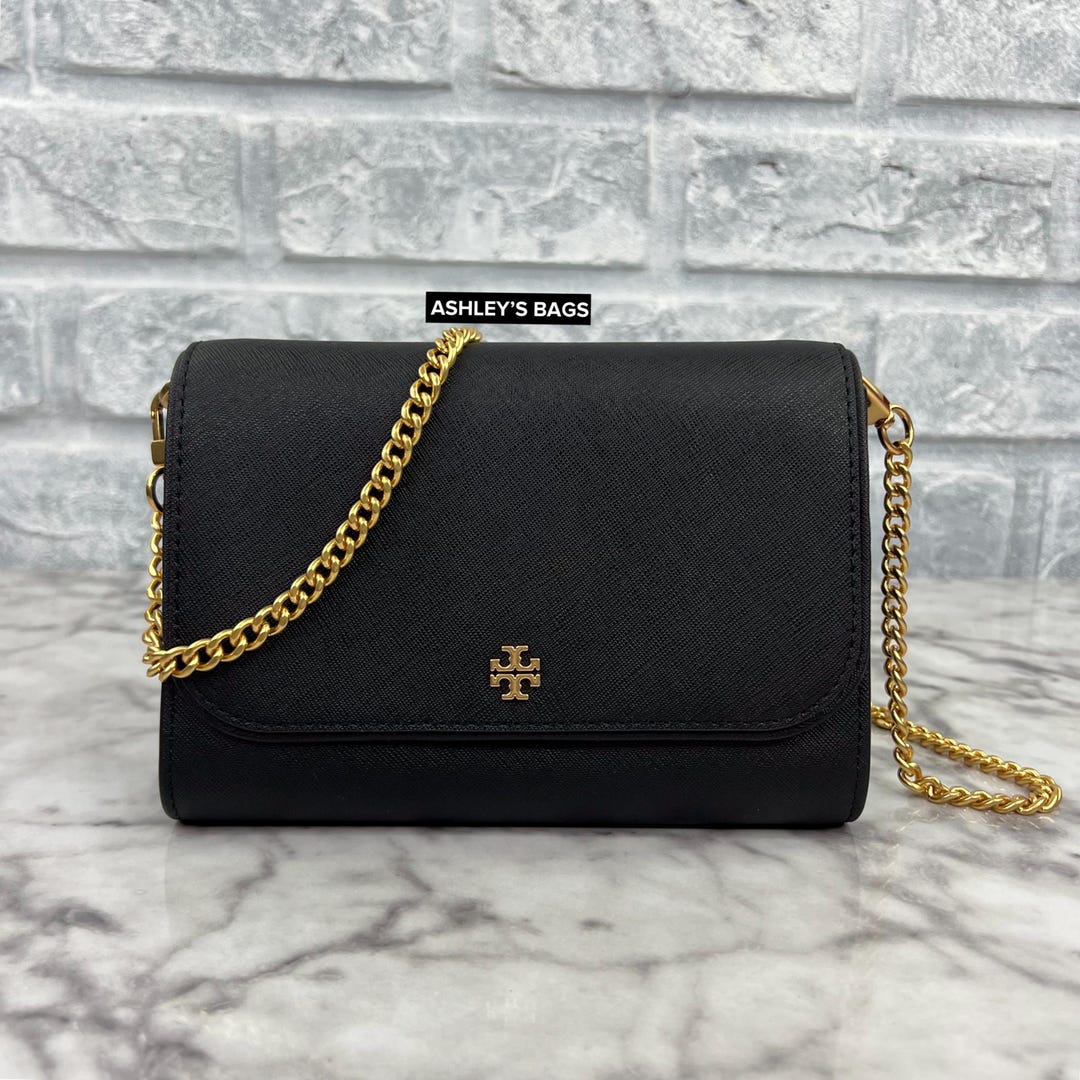 ショルダーバッグ・ポシェット Tory Burch Emerson Raffia Chain Wallet 166009 Tory Burch Emerson Chain Wallet Crossbody - Navy, Navy Blue
