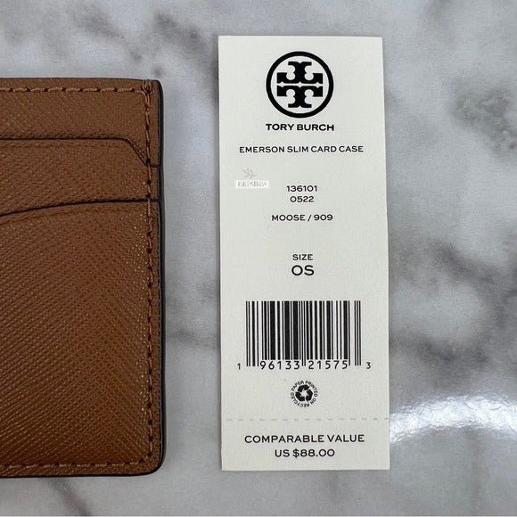 NWT Tory Burch Emerson Saffiano Leather Slim Card Case GRAY HERON