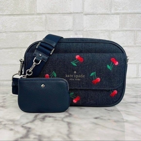 Kate Spade Rosie Cherry Embroidered Denim Flap Camera Bag Crossbody Blue  Multi