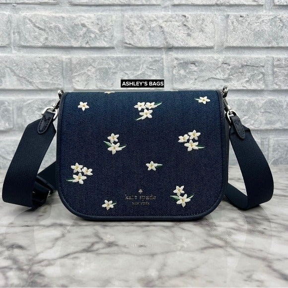 Kate Spade Madison Floral Embroidered Denim Saddle Bag Crossbody