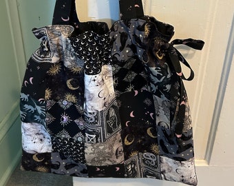 Made to Order Midnight Magic Tote Bag with drawstring closure. Pretty Witch Patchwork Purse.