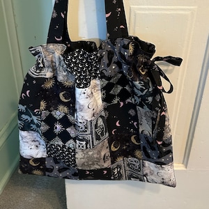 Made to Order Midnight Magic Tote Bag with drawstring closure. Pretty Witch Patchwork Purse.