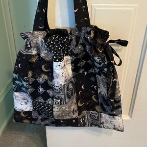 Made to Order Midnight Magic Tote Bag with drawstring closure. Pretty Witch Patchwork Purse.