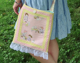 Custom Made Vintage Style Child Fabric Crossbody Purse ~~ Pastel Kidcore Bag