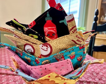 Fun Food Themed Bowl Cozy, Microwaveable and Reversible. Soup Bowl, Hot Pad, Pot Holder, Gift Cozies. Ramen, Nuggets, Siracha, Mac n Cheese
