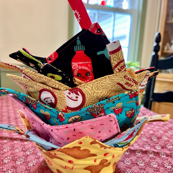 Fun Food Themed Bowl Cozy, Microwaveable and Reversible. Soup Bowl, Hot Pad, Pot Holder, Gift Cozies. Ramen, Nuggets, Siracha, Mac n Cheese