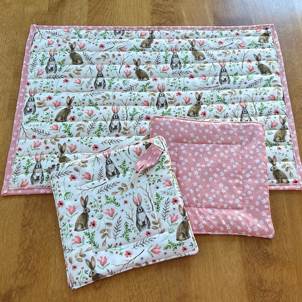 Cottagecore Spring Bunny XL Hot Pad, Matching Set of Pot Holders, Fun Kitchen Accessories for Easter or Spring