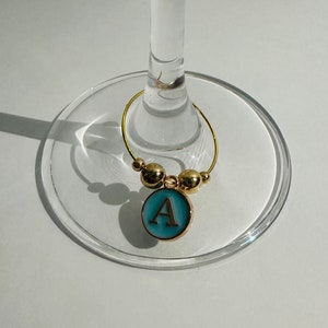 Wedding /Party / Birthday / Bridesmaid/ Hen Party/  Gift- Wine Glass Charms- Handmade (blue with gold initial with gold beads)