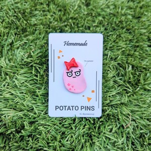 Disapproving Potato Girl Pin - Angry, Mad, Cute Pink Potato with Look of Disapproval and Bow - Handmade Kawaii Clay Pin - Custom Available
