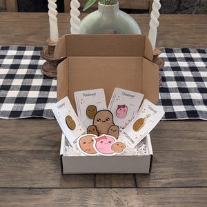 May include: A white cardboard box with a white interior filled with brown paper shreds. The box contains a set of potato-themed enamel pins. The pins are on cards with the text "Potato-moji" and "Potato Pins".