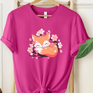 Super Soft Fabric Cherry Blossom Fox T-Shirt | Japanese Kitsune Fox shirt | Japanese Art Shirt | Sakura blossoms pink flowers T-Shirt