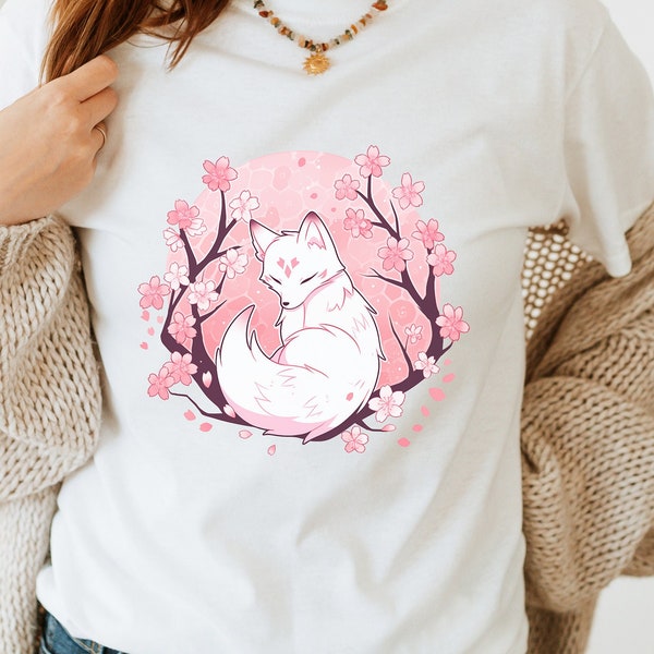 Sakura Blossom Spirit Fox Camiseta/ Kitsune Cherry Blossom Camiseta japonesa Fox / Fox Lover Shirt