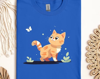 Womens Sustainable Cotton T Shirt/ Cat and Butterfly T Shirt /