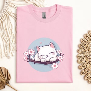 Sleeping Cat with Cherry Blossoms T Shirt / Japanese Art Shirt / Sakura blossoms pink flowers T-Shirt