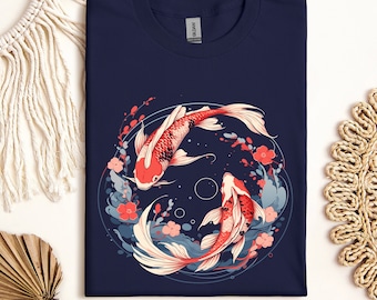 Japanese Koi Fish T Shirt / Eco-Friendly Japanese Art Inspired Koi Fish Navy Tee / Cultural Koi Fish Cotton Tee for Art Lovers
